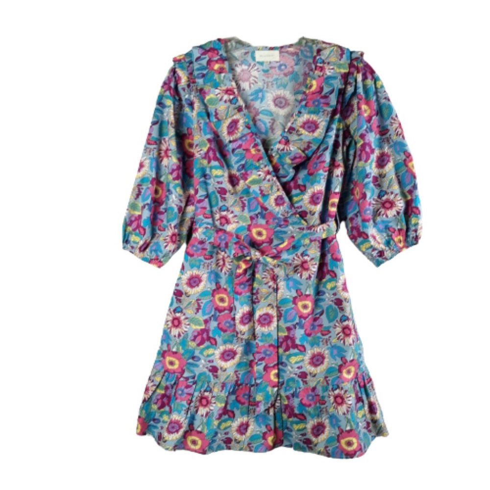 Melloday Multicolor Ruffle Floral 3/4Sleeve With Belt Beautiful mini Dress Sz. M